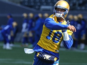 QB Myles Carr tracks a throw during the Winnipeg Blue Bombers spring camp at Investors Group Field in Winnipeg on Wed., April 26, 2017. Kevin King/Winnipeg Sun/Postmedia Network