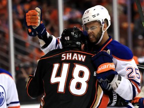 Darnell Nurse of the Edmonton Oilers punches Logan Shaw of the Anaheim Ducks in Game 1 of the Western Conference second round at Honda Center on Wednesday, April 26, 2017, in Anaheim, Calif. (Sean M. Haffey/Getty Images)