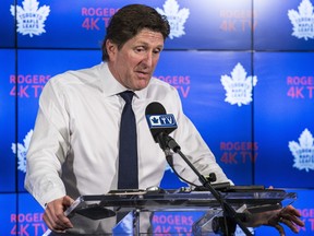 Toronto Maple Leaf coach Mike Babcock talks with the media in the media centre at the ACC in Toronto on Tuesday, April 25, 2017. (Craig Robertson/Toronto Sun)