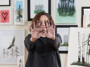 Artist June Heskett makes paintings and thank-you cards for Fort McMurray residents using charcoal scavenged from forests hit by the 2016 Fort McMurray wildfires as seen in Fort McMurray on Saturday, April 8, 2017. Ian Kucerak / Postmedia