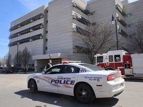 Kingston Police and Kingston Fire and Rescue evacuated the Macdonald-Cartier Building in Kingston after a bomb threat came in on Thursday morning April 27 2017. Hundreds of employees of The Ministry of Health, court workers, lawyers and visitors were kept waiting outside until the building was cleared.  Ian MacAlpine /The Whig-Standard/Postmedia Network