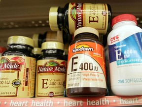 Bottles of Vitamin E are seen in a CVS pharmacy November 11, 2004 in New York City. (Photo by Mario Tama/Getty Images)