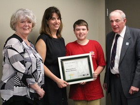 The Municipality of Brooke-Alvinston has been recognized as a youth-friendly community by Play Works, a group of youth organizations, like 4-H Ontario and YMCA Ontario, that promote investments in youth activities. Pictured here are Marion Price, of Play Works, Brooke-Alvinston clerk administrator Janet Denkers, youth council advisory member Connor Cumming and Brooke-Alvinston Mayor Don McGugan. Barbara Simpson/The Observer/Postmedia Network