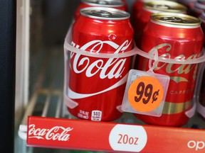 Coca-Cola products are seen on a store shelf in Miami, Florida in this April 25, 2017 file photo. (Joe Raedle/Getty Images)