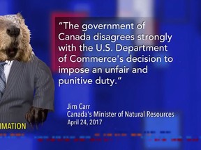 Late Show host Stephen Colbert, in a softwood lumber joke, ran an image of a beaver in a suit and tie, to represent MP Jim Carr, with the disclaimer “visual approximation” underneath.