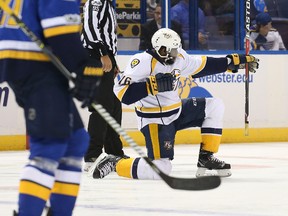 P.K. Subban of the Nashville Predators celebrates after scoring a goal against the St. Louis Blues in Game 1 at the Scottrade Center on April 26, 2017. (Dilip Vishwanat/Getty Images)