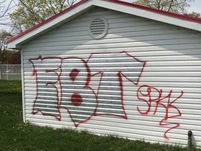 Sarnia police released this image of graffiti left earlier this week on a building at Tecumseh Pool. Other buildings there were also vandalised.
 (Handout/Sarnia Observer/Postmedia Network)