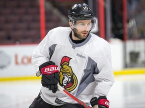 Tom Pyatt warms up as the Ottawa Senators practice at the Canadian Tire Centre in preparation for Round 2 against the New York Rangers on April 27, 2017. (Wayne Cuddington/Postmedia)
