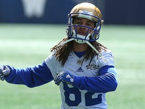 WR Kieren Duncan loosens up during the Winnipeg Blue Bombers spring camp at Investors Group Field on Thurs., April 27, 2017. Kevin King/Winnipeg Sun/Postmedia Network