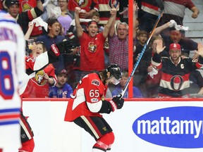 Erik Karlsson of the Ottawa Senators celebrates his goal with Jean-Gabriel Pageau against the New York Rangers during third period of NHL playoff action at the Canadian Tire Centre in Ottawa on April 27, 2017. (Jean Levac)