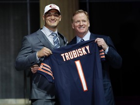 North Carolina's Mitch Trubisky poses with NFL commissioner Roger Goodell after being selected by the Chicago Bears during the first round of the 2017 NFL football draft on April 27, 2017. (AP Photo/Matt Rourke)