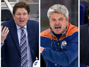 Edmonton Oilers head coach Todd McLellan, centre, Mike Babcock and John Tortorella are in the running for the Jack Adams Trophy as NHL coach of the year. (AP Photo and The Canadian Press)