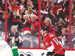 Senators’ Ryan Dzingel celebrates scoring the  first playoff goal of his career on Thursday. (Getty Images)