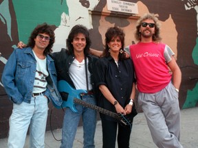 In this July 24, 1987 file photo, members of Starship, from left, Mickey Thomas, Craig Chaquico, Grace Slick and Donny Baldwin, pose outside the Berkeley Community Theater stage entrance after a rehearsal in Berkeley, Calif. Chaquico is asking a judge to prevent a new iteration of Jefferson Starship from using the name in a federal lawsuit filed Thursday, April 27, 2017, in San Francisco. The suit states the band’s members agreed to retire the Jefferson Starship name in 1985 after founding member Paul Kantner left the group. Some members later formed a group Starship, which recorded the hit “We Built This City.” (AP Photo/Doug Atkins, File)