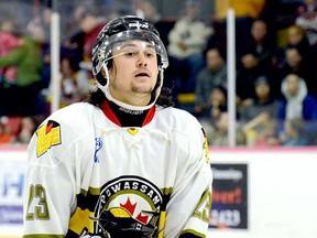 Powassan Voodoos centre Tyson Gilmour, shown during an NOJHL game earlier this season in Timmins, is the son of Hockey Hall of Famer Doug Gilmour, who spent one season with the old Tier II Belleville Bulls in 1979-80. (Postmedia Network photo)