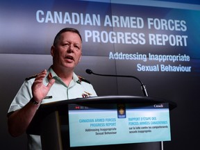 Jonathan Vance, the Chief of the Defence Staff speaks during a Canadian Armed Forces press conference at the National Defence Headquarters in Ottawa on Friday, April 28, 2017, addressing inappropriate sexual behaviour in the forces. THE CANADIAN PRESS/Sean Kilpatrick