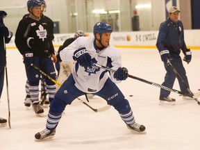 Rich Clune (25) attacks the net during Toronto Maple Leafs practice at the MCC on February 24, 2016. (Jack Boland/Toronto Sun files)