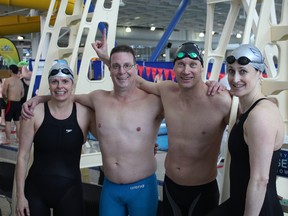 Photo supplied by Gail McGinnis
Left to right: Gail McGinnis, Barry Lewis, Barry Saretsky and Deb Younger after a record-breaking performance at the Canadian Masters Swimming Association’s provincial championships.