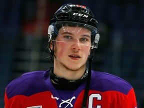 Nolan Patrick of Team Cherry looks on during the third period of his Sherwin-Williams CHL/NHL Top Prospects Game at the Videotron Center on Jan. 30, 2017 in Quebec City. (Mathieu Belanger/Getty Images)