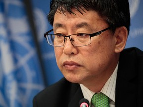 Ambassador Kim In Ryong, Deputy Permanent Representative to the United Nations for the Democratic People's Republic of Korea (North Korea), listens to a question during a press conference at the United Nations, March 13, 2017 in New York City.  (Photo by Drew Angerer/Getty Images)
