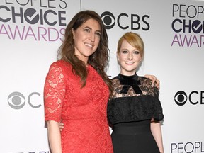 Actors Mayim Bialik (L) and Melissa Rauch, winners of the Favorite TV Show Award and Favorite Network TV Comedy Award, 'The Big Bang Theory', pose in the press room during the People's Choice Awards 2017 at Microsoft Theater on January 18, 2017 in Los Angeles, California. (Kevork Djansezian/Getty Images)
