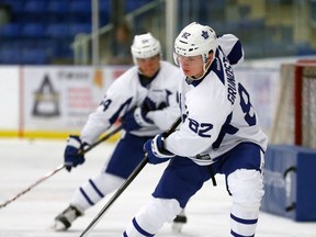 Forward Carl Grundstrom comes up the ice during a stickhandling drill at the Toronto Maple Leafs Development Camp at the Gale Centre in Niagara Falls on July 5, 2016. (Jack Boland/Toronto Sun/Postmedia Network)