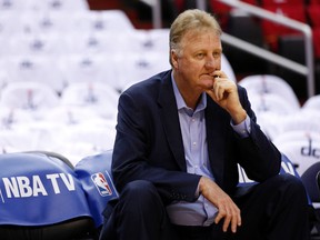 In this May 15, 2014, file photo, Indiana Pacers president Larry Bird watches the warm up for Game 6 of an Eastern Conference semifinal NBA basketball playoff series against the Washington Wizards, in Washington. (AP Photo/Alex Brandon, File)