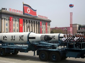 In this April 15, 2017, file photo, a submarine-launched ballistic missile is displayed in Kim Il Sung Square during a military parade in Pyongyang, North Korea. (Wong Maye-E/AP Photo/Files)
