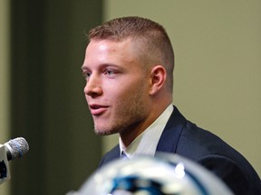 Carolina Panthers first-round draft pick Christian McCaffrey answers a question during an NFL football news conference in Charlotte, N.C., on April 28, 2017. (AP Photo/Chuck Burton)
