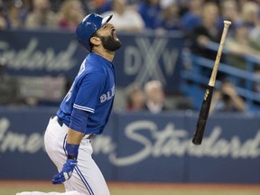 Toronto Blue Jays' Jose Bautista reacts after popping up against the Tampa Bay Rays in the seventh inning of an MLB game in Toronto on April 28, 2017. (THE CANADIAN PRESS/Fred Thornhill)