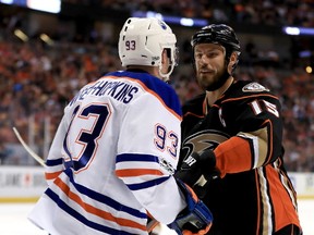 Ryan Getzlaf #15 of the Anaheim Ducks talks to Ryan Nugent-Hopkins #93 of the Edmonton Oilers during the first period of Game Two of the Western Conference Second Round during the 2017  NHL Stanley Cup Playoffs at Honda Center on April 28, 2017 in Anaheim, California.