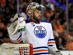 Cam Talbot #33 of the Edmonton Oilers looks on during the third period of Game 2 of the Western Conference Second Round during the 2017  NHL Stanley Cup Playoffs against the Anaheim Ducks  at Honda Center on April 28, 2017 in Anaheim, California.