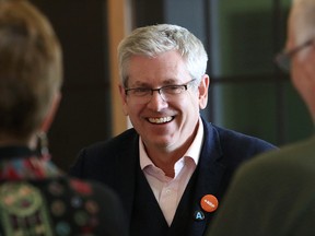 Federal NDP leadership candidate Charlie Angus meets with supporters in Hanmer, Ont. during an NDP leadership campaign event on Saturday April 29, 2017. John Lappa/Sudbury Star/Postmedia Network