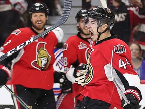 Senators forward Jean-Gabriel Pageau (44), with Marc Methot (3) and Mike Hoffman (68) looking on, celebrates his goal against the Rangers in the first period during Game 2 of the Eastern Conference semifinal in Ottawa on Saturday, April 29, 2017. (Wayne Cuddington/Postmedia)
