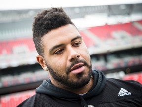 Cleyon Laing talks to media after the Redblacks practice at TD Place in Ottawa on Nov. 17, 2016. Laing returned to the Argos a year after signing in the NFL and playing with the Redblacks. (Ashley Fraser/Postmedia Network/Files)