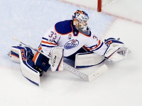 Edmonton Oilers goalie Cam Talbot blocks a shot against the Anaheim Ducks during the second period in Game 2 of a second-round NHL hockey Stanley Cup playoff series in Anaheim, Calif., Friday, April 28, 2017.