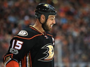 Ryan Getzlaf #15 of the Anaheim Ducks looks on during the second period of Game Two of the Western Conference Second Round during the 2017  NHL Stanley Cup Playoffs against the Edmonton Oilers  at Honda Center on April 28, 2017 in Anaheim, California.
