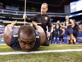 Mississippi State offensive lineman and Montreal native Justin Senior is measured for flexibility at the NFL scouting combine in Indianapolis on March 3, 2017. (David J. Phillip/AP Photo)
