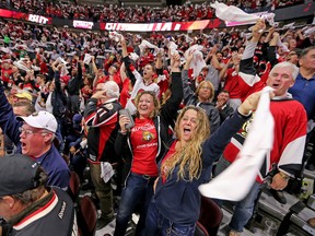 Fans celebrate the tying goal in the third period as the Senators and Rangers play in Game 2 of their NHL playoff series in Ottawa on Saturday, April 29, 2017. (Wayne Cuddington/Postmedia)