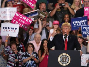 U.S. President Donald Trump speaks to supporters during a "Make America Great Again Rally" at the Pennsylvania Farm Show Complex & Expo Center April 29, 2017 in Harrisburg, Pa. (Alex Wong/Getty Images)