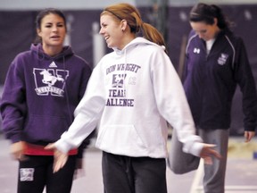 Caroline Ehrhardt shares a laugh with teammates during practice at The University of Western Ontario January 25, 2012. CHRIS MONTANINI\LONDONER\QMI AGENCY
