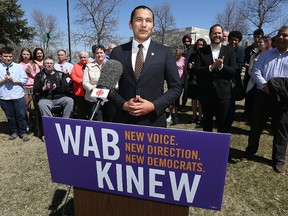 NDP leadership hopeful Wab Kinew speaks during an endorsement announcement at East Elmwood Community Centre on Keenleyside Street in Winnipeg on Sun., April 30, 2017. Kevin King/Winnipeg Sun/Postmedia Network