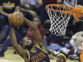 Cavaliers’ Tristan Thompson grabs a rebound in front of the Pacers’ Myles Turner during Cleveland's first-round sweep. The Raptors will have their hands full controlling Thompson on the boards. (Darron Cummings/AP Photo)