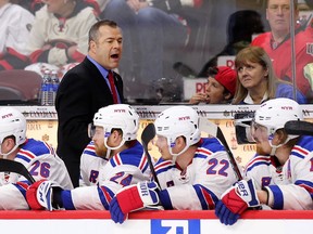 Ranger coach Alain Vigneault instructs the bench during the third period as the Senators take on the Rangers in Game 2 of the NHL's Eastern Conference semifinal NHL playoffs on Saturday, April 29, 2017. (Wayne Cuddington/Postmedia Network)