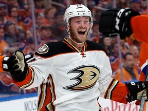 The Anaheim Ducks Chris Wagner (21) celebrates his goal against the Edmonton Oilers during second period NHL action at Rogers Place, in Edmonton Sunday, April 30, 2017. Photo by David Bloom