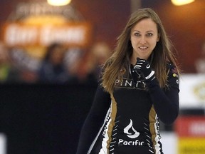 Team Homan skip Rachel Homan reacts after her final shot to win the women’s Champions Cup title after defeating Sweden’s Anna Hasselborg in the finals at WinSport Arena in Calgary on Sunday, April 30, 2017. (Darren Makowichuk/Postmedia Network)
