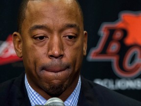 Former B.C. Lions receiver Geroy Simon pauses while speaking to reporters after the team traded him to the Saskatchewan Roughriders on Jan. 24, 2013. Tracy Lasorsa-Simon, the wife of Lions director of Canadian scouting Geroy Simon, has died, the team announced on Sunday. (Darryl Dyck/The Canadian Press/Files)