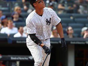 Aaron Judge of the New York Yankees hits a two run home run at Yankee Stadium on April 29, 2017. (AL BELLO/Getty Images)