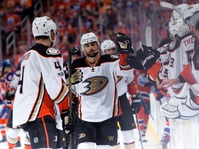 The Anaheim Ducks' Andrew Cogliano celebrates his goal against the Edmonton Oilers at Rogers Place in Edmonton on Saturday, April 30, 2017. (David Bloom)