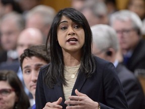 Government House Leader Bardish Chagger answers a question during Question Period in the House of Commons in Ottawa, Tuesday, April 11, 2017. The Trudeau government is backing down from some of its most controversial proposals for reforming the way the House of Commons operates in the face of opposition filibustering that has tied parliamentary business in knots for weeks.THE CANADIAN PRESS/Adrian Wyld